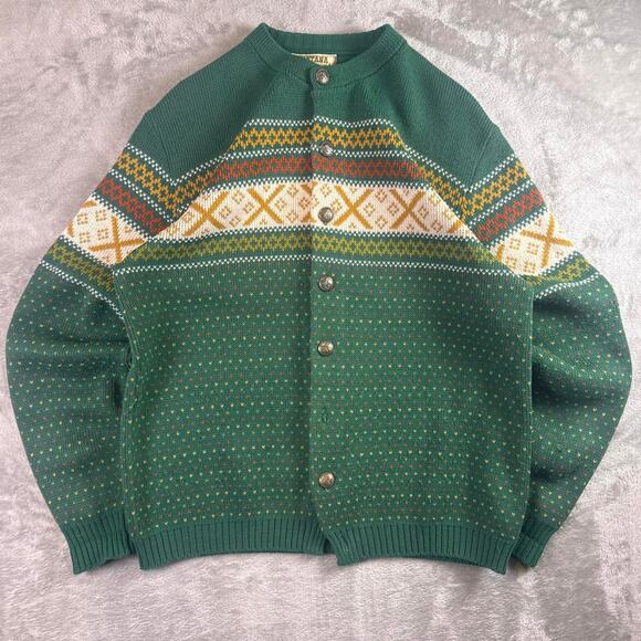 Montana Sweaters - VTG Nordic Pattern Cardigan Green Wool Knit Women’s Large Sweater Button Up